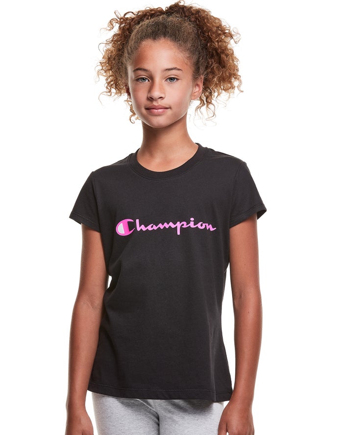 Champion Classic Script Logo - Tytön Mustat T-Paita - Suomi 4203957-WX